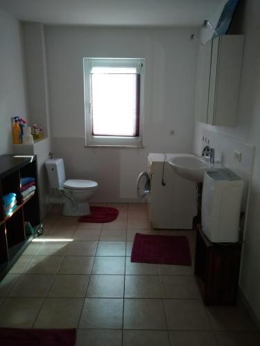 łazienka z toaletą, umywalką i oknem w obiekcie Dori's Fewo w mieście Mittenwalde