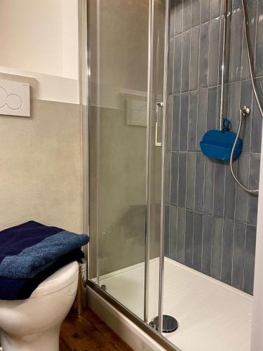 a bathroom with a shower with a toilet and a blue towel at Il cortile in centro in Pesaro
