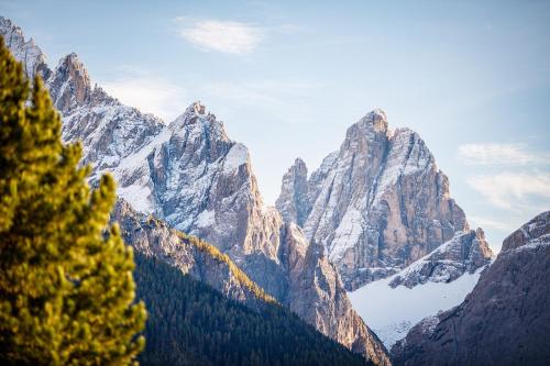 a view of a mountain range with trees and snow at Panorama in Sesto