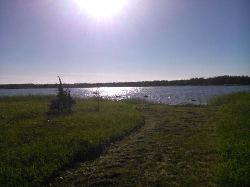 a path next to a body of water with the sun at Paatsalu Camping in Paatsalu