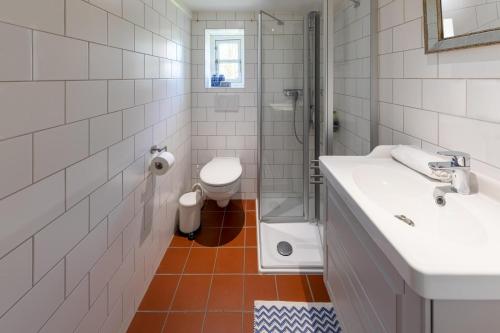 a bathroom with a toilet and a sink and a shower at Das alte Zollhaus in Schülp