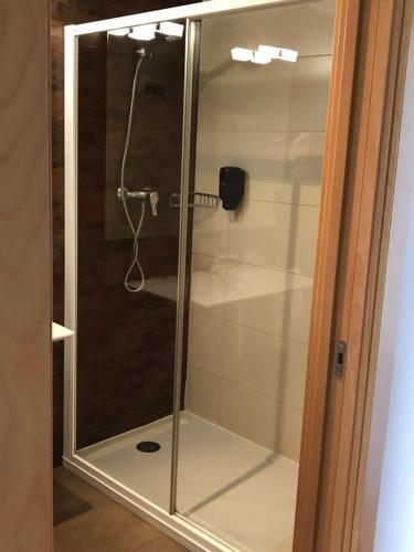 a shower with a glass door in a bathroom at Hotel Villa de los Arcos in Los Arcos