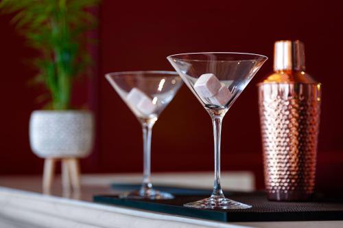 two martini glasses sitting on a tray next to a bottle at Wanda Vista Istanbul in Istanbul
