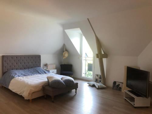 a bedroom with a bed and a flat screen tv at Villa MY le Mans in Saint-Saturnin