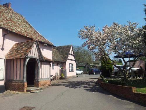 a small white and pink building on a street at The Red Lion Hinxton in Hinxton