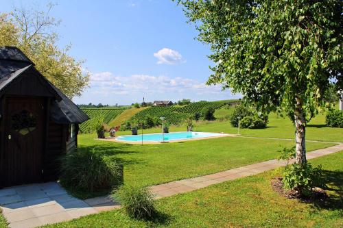a yard with a swimming pool in a vineyard at Pension Lammerhof in Unterlamm