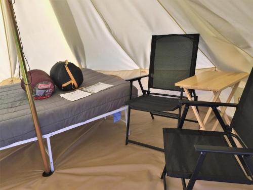 uma cama e uma cadeira numa tenda em Starlight Tent 1 em Holbrook