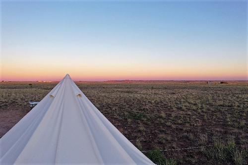 a white pyramid in the middle of a field at Starlight Tent 1 in Holbrook