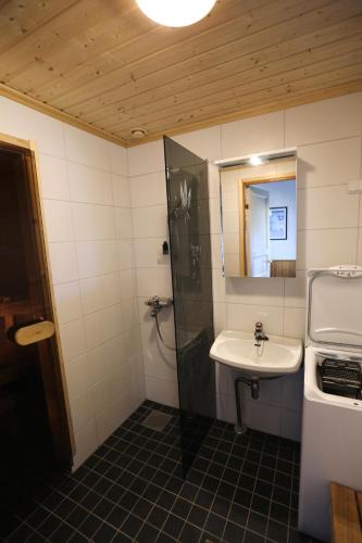 a bathroom with a sink and a shower and a toilet at Ojuspirtti 26A Levi in Levi
