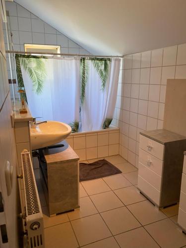 baño con lavabo y ventana en Ferienhäuser Schlossberg, en Zandt