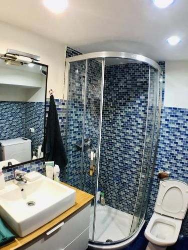 a bathroom with a sink and a shower and a toilet at Casa Bernardita in Colunga