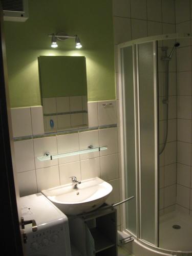 a bathroom with a sink and a shower with a mirror at Apartmán 4U Olomouc in Olomouc