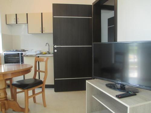 a living room with a large flat screen tv in a kitchen at Villa Zora in Star Dojran
