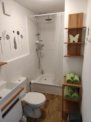ein Badezimmer mit einem WC, einem Waschbecken und einer Badewanne in der Unterkunft Ferienhaus Neumann in Kinding