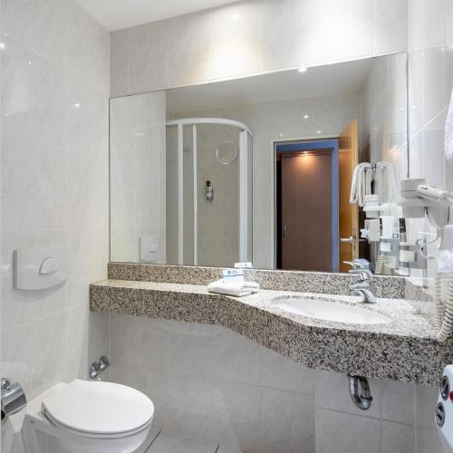 a bathroom with a sink and a toilet and a mirror at Waldhotel Eskeshof in Wuppertal