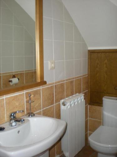 a bathroom with a sink and a toilet and a mirror at Cal Pedrals II in Urus