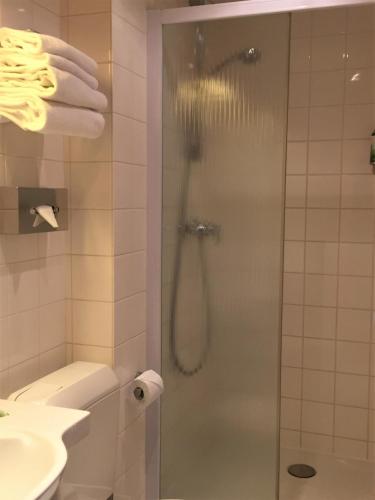 a bathroom with a shower and a sink at Hotel De La Paix in Lille