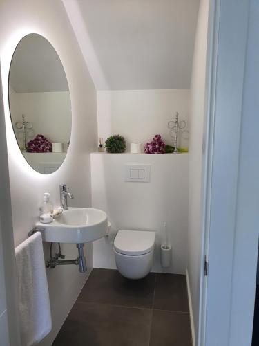uma casa de banho com um WC, um lavatório e um espelho. em Preciosa casa en Alcossebre em Alcossebre