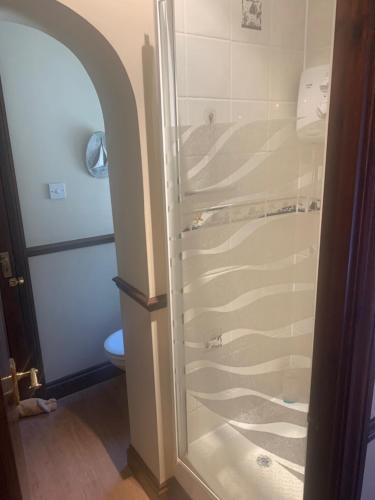 a shower with a glass door in a bathroom at Burnt Mill Cottage in Burnham-on-Crouch