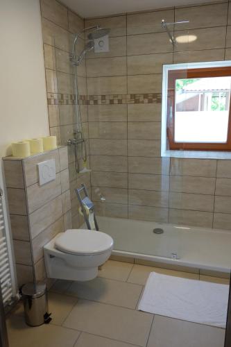 a bathroom with a toilet and a tub and a window at Hiša Lenart in Tolmin