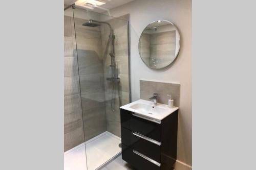 a bathroom with a shower and a sink and a mirror at Rinstone Lodge, Thornton-Le-Dale. Moors cottage with hot tub in Thornton Dale