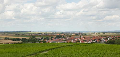 a green field with a town in the distance at Landgasthof May in Willanzheim