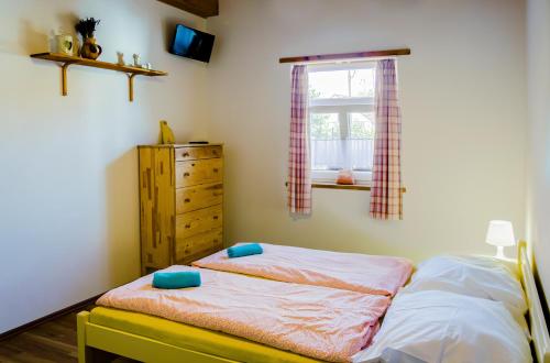 um quarto com uma cama, uma cómoda e uma janela em CHALUPA NA MLÝNĚ em Přítluky