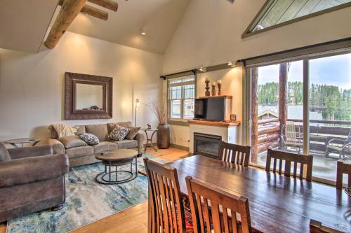 a living room with a couch and a table at Steps to Moonlight Basin Scenic Mtn Retreat! in Big Sky