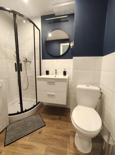 a bathroom with a toilet and a shower and a sink at 300 metrów od plaży / 300 meters from the beach in Gdańsk