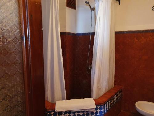 a bathroom with a shower with a shower curtain at Casa La Palma in Chefchaouene