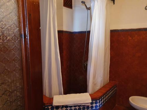 a bathroom with a shower with a shower curtain at Casa La Palma in Chefchaouen
