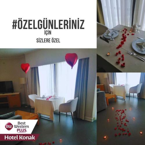 a collage of photos of a room with a table with a heart balloon at Best Western Plus Hotel Konak in Izmir