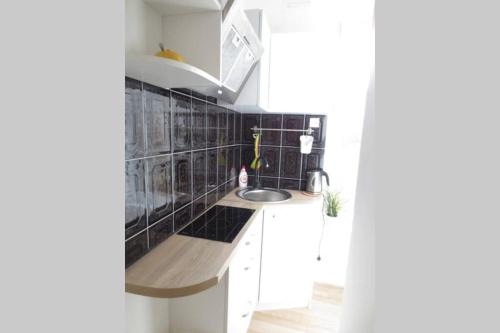 a kitchen with a sink and black tiles at Apartment Ogarna 35/36 on the Gdańsk Old Town in Gdańsk