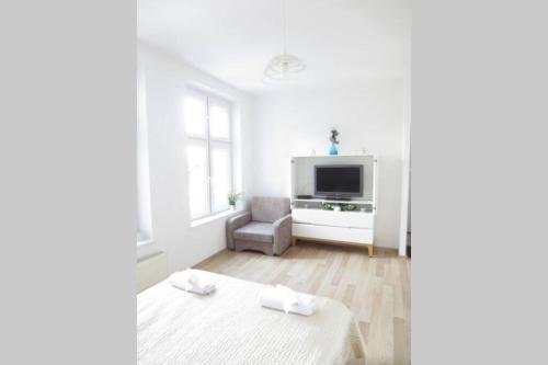 a white living room with a tv and a chair at Apartment Ogarna 35/36 on the Gdańsk Old Town in Gdańsk