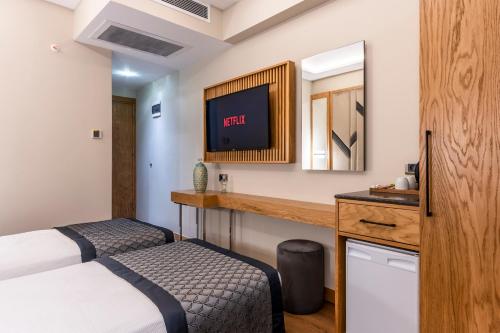 una camera d'albergo con letto e TV a parete di Endican Sultanahmet Hotel a Istanbul