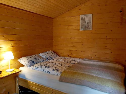 a bedroom with a bed in a wooden cabin at Bakkakot 3 Cozy Cabin In The Woods in Akureyri