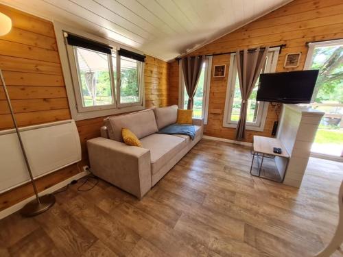 a living room with a couch and a flat screen tv at Chalet Olivier in Fléré-la-Rivière