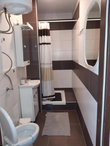 een kleine badkamer met een toilet en een wastafel bij Apartment Laudon in Wenen