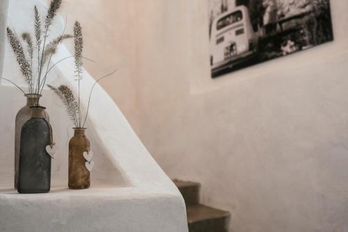 two vases with plants in them sitting on a table at St. Vigilius modern historic apartments in Nalles