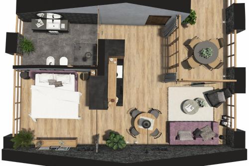 a rendering of a small house with a floor plan at St. Vigilius modern historic apartments in Nalles