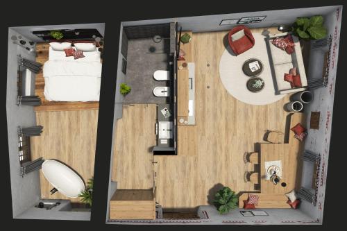 a floor plan of a room with a bed at St. Vigilius modern historic apartments in Nalles