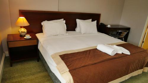 a hotel room with a large bed and a nightstand at TALEN OTEL in Istanbul
