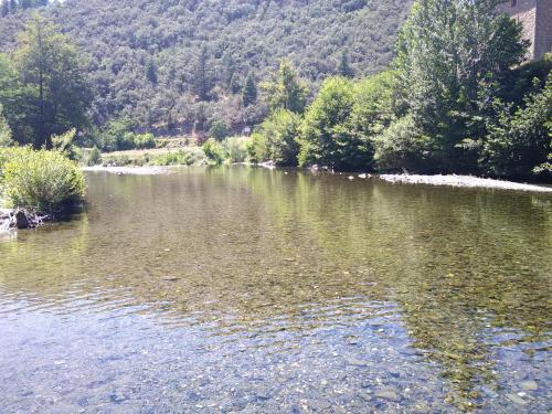 a body of water with trees and a mountain at Auberge Cevenole in Valleraugue