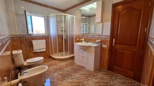 y baño con aseo, ducha y lavamanos. en Vivienda Vacacional casa Anthony, en Santa María de Guía de Gran Canaria