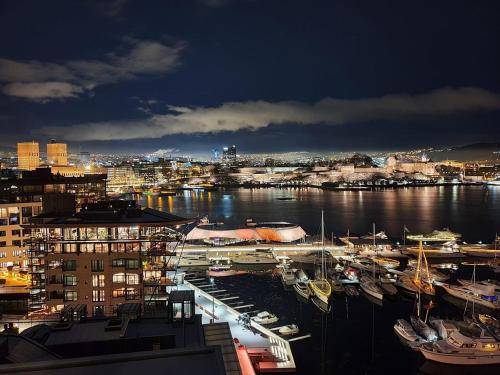 a harbor at night with boats in the water at Budget Little Room with Window City Centre Oslo in Oslo