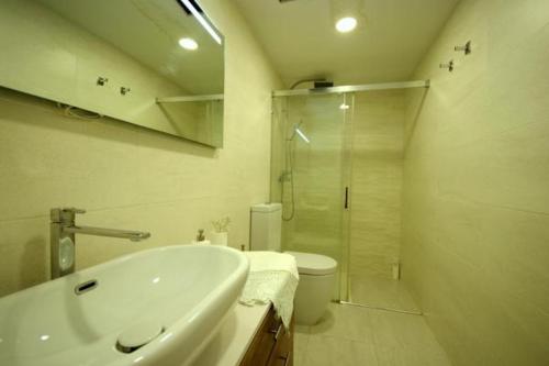 Un baño con lavabo, ducha e inodoro. en Buenaventura Poniente, en Tarifa