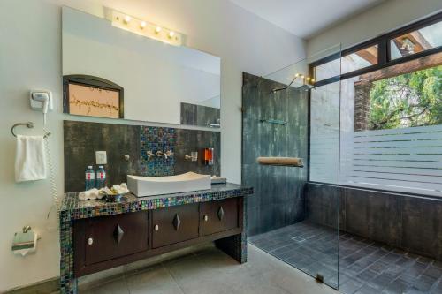 a bathroom with a sink and a shower at Quinta San Carlos in San Pedro Tesistán