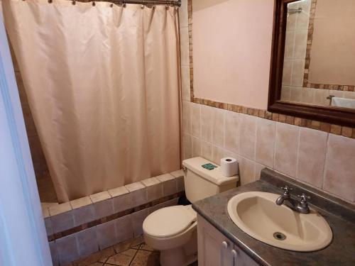 a bathroom with a toilet and a sink and a shower at Apartamento 505 Cortijo Reforma zona 9 in Guatemala