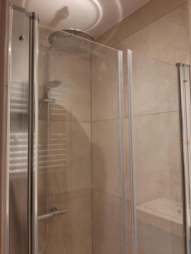 una doccia con porta in vetro in bagno di Picco Bello a Zandvoort