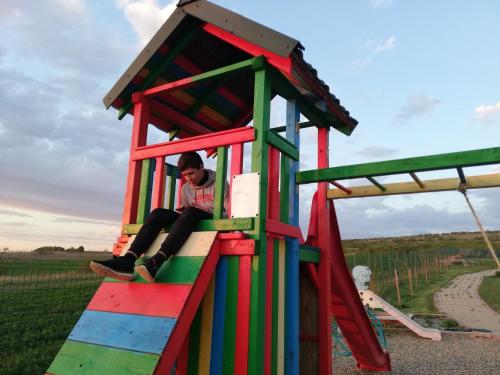 a man is sitting in a colorful play house at Complex Turistic Dávid in Boghiş